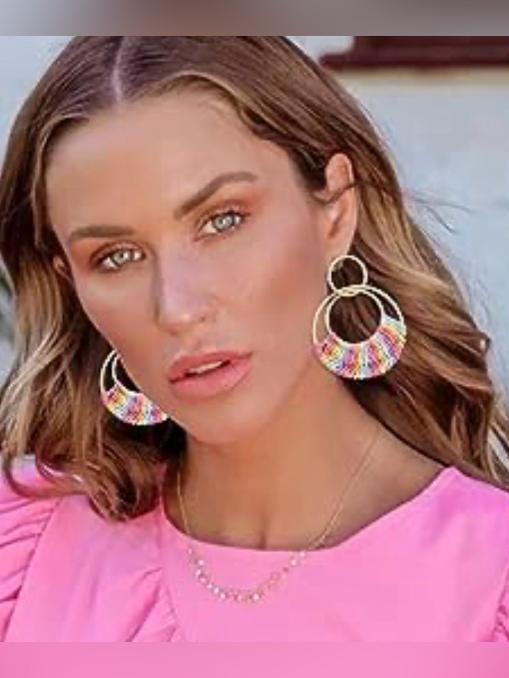 New Gold Tone Round Drop Dangle Earrings Pastel Woven Raffia Bohemian Posts - Picture 5 of 9